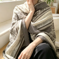 Oversized Vintage Style Sun Protection Shawl Scarf for Women, Gray Geometric Pattern Long Silk Scarf