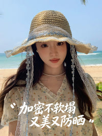 French Style Straw Sun Hat for Women and Kids - Wide Brim Beach Fisherman Hat with UV Protection