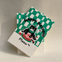 Green Cute Cat Birthday Card, Simple Elegant Romantic Blessing Card for Friends