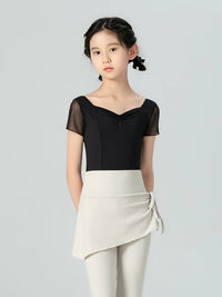 Girls' V-Neck Short Sleeve Ballet Leotard with Skirt for Dance Practice