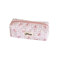 Cream Plaid Bowknot Pencil Case Portable Stationery Storage Bag for Students