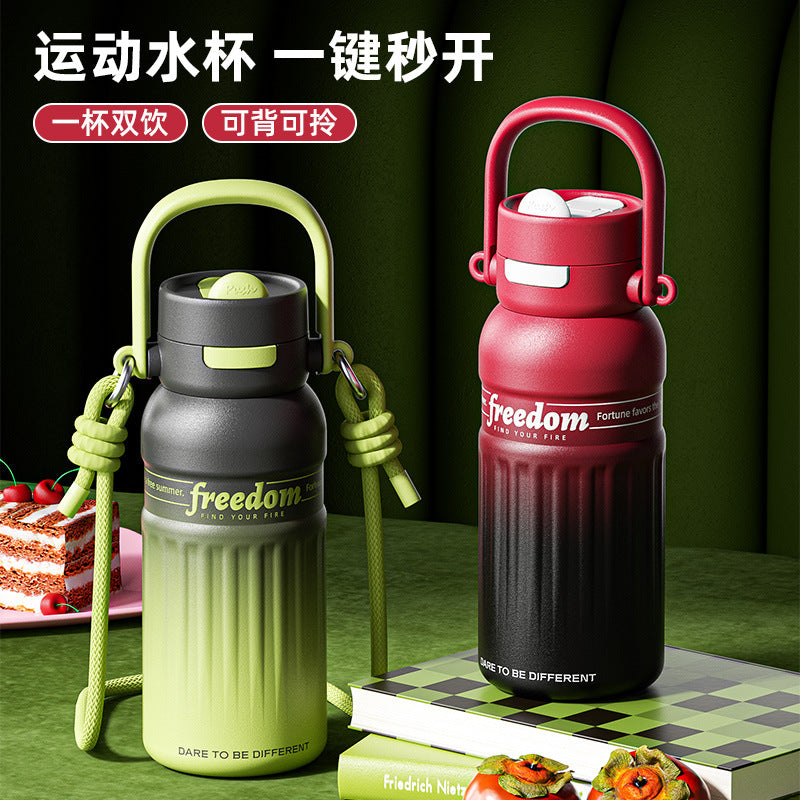 Large Capacity 316 Stainless Steel Insulated Water Bottle with Handle and Strap, Outdoor Sport Straw Cup