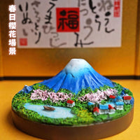 Mount Fuji Ceramic Diffuser Stone & Miniature Ornament Set, Hand-Painted Japanese Micro-Landscape Decor with Cherry Blossom