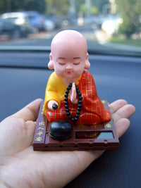 Solar Powered Nodding Monk Car Dashboard Ornament with Wooden Fish