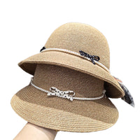 Elegant Bowknot Pearl Tie Straw Hat UPF50+ Sun Protection Fisherman Hat for Women