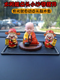 Solar-Powered Nodding Monk Car Dashboard Ornament with Wooden Fish