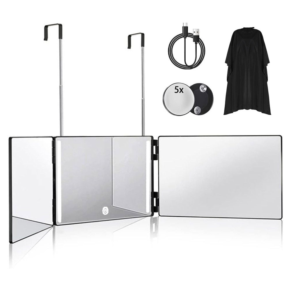 Portable Tri-Fold Mirror with Stand for Self-Haircut & Makeup, USB Rechargeable or Non-Lit Options