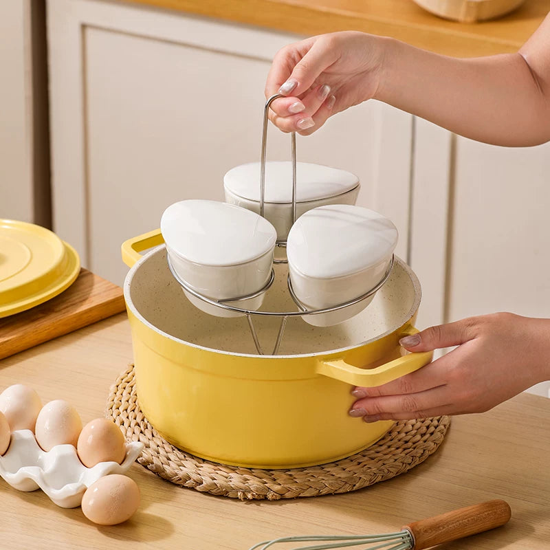 Ceramic Steaming Bowl Set with Lid for Rice Cooker, Fan-shaped or Round, for Meat, Vegetables, and Baby Food