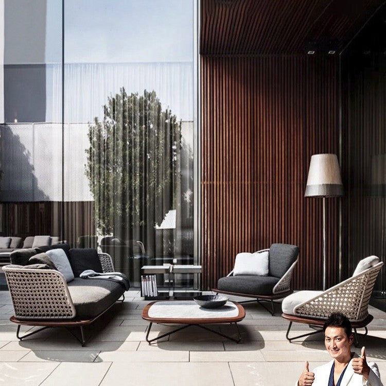 Outdoor Patio Wicker Sofa Set with Coffee Table, Nordic Style Fabric Cushions, All-Weather Garden Furniture
