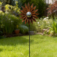 Outdoor Rusty Metal Flower Garden Stakes with Stainless Steel Ball, Flame Flower Yard Art Decor