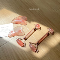 2-Piece Amber Pink Facial Roller & Gua Sha Set for Face Lifting & Relaxation