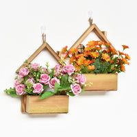 Wooden House Shaped Wall Decor with Artificial Flowers