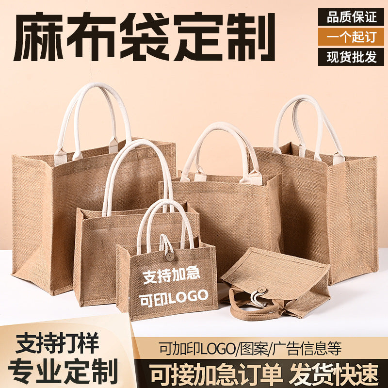 Customizable Jute Burlap Tote Bag with Cotton Rope Handles for Gifts & Shopping