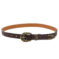 Women's Vintage Embossed Leather Belt with Carved Buckle, Adjustable Multi-Hole Design