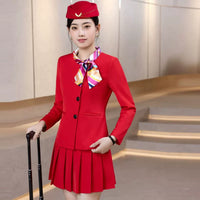 Women's Red Long Sleeve Band Uniform Suit with Pleated Skirt for Stage Performance