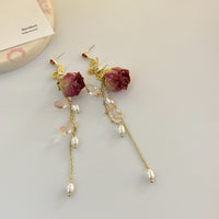 New Vintage Preserved Rose Flower Shell Pearl Tassel Earrings for Women