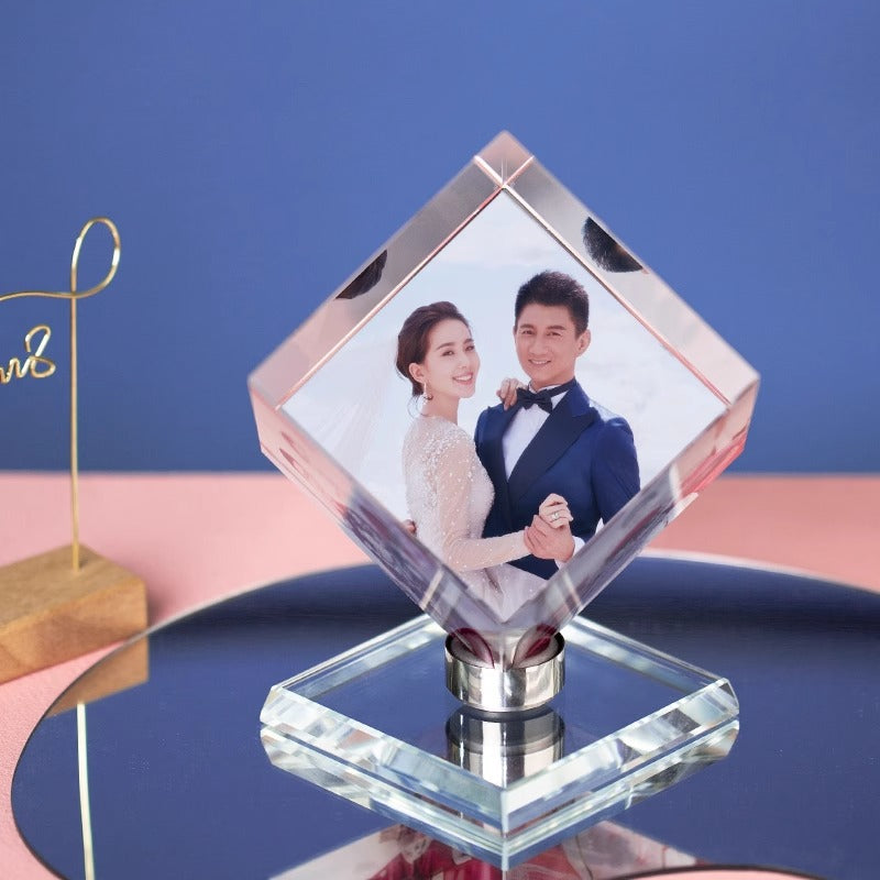 Personalized Rotating Crystal Photo Cube with LED Base, Custom 3-Photo Display for Desktop Decor