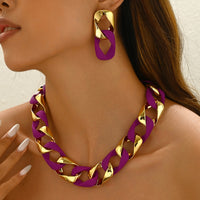 Matte Frosted Hollow Square Acrylic Cuban Chain Necklace and Earrings Set Hip Hop Bright Color Patchwork Jewelry