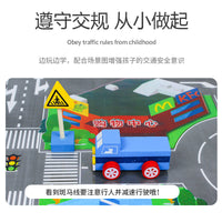 Montessori Wooden Traffic Sign Blocks Set for Kids - Educational Road Safety Toy with Vehicles and Scene Mat