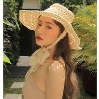 Women's Wide Brim Lace Sun Hat - Foldable Crochet Straw Beach Hat for Vacation