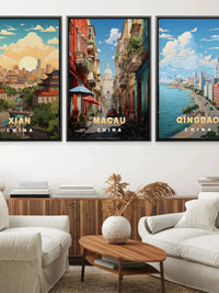 Vintage City Landmark Art Print with Black Frame, Retro English Poster for Home Decor