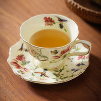 Vintage Floral Bird Coffee Cup and Saucer Set with Gold Trim, Ceramic Afternoon Tea Mug