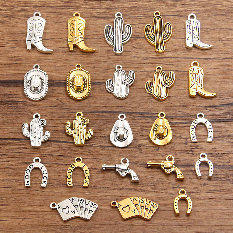 Western Cowboy Charm Alloy Pendants for DIY Jewelry Making - Boots, Cactus, Hat, Gun Designs