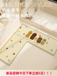 Cartoon L-Shaped Diatomaceous Earth Bath Mat for Bathroom Entrance and Vanity, Non-Slip, Quick-Drying, Super Absorbent