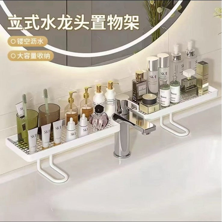 Luxury No-Drill Bathroom Faucet Storage Rack with Drainage for Vanity