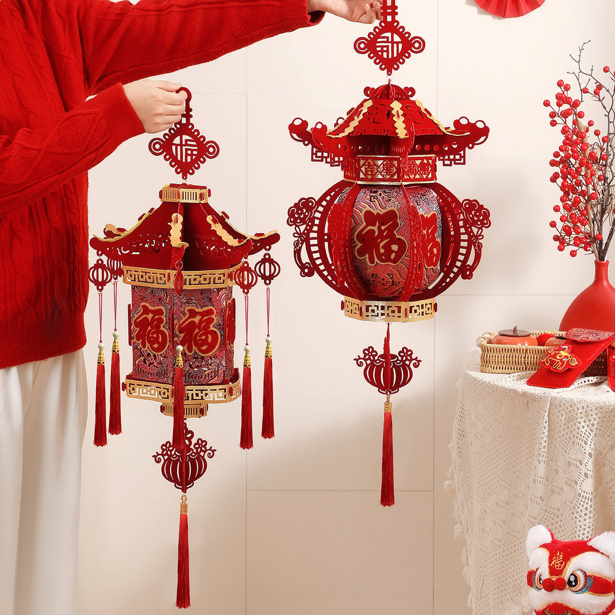 2026 New Year Lanterns for Festive Decorations - Red Palace Lanterns with Fu Character for Spring Festival