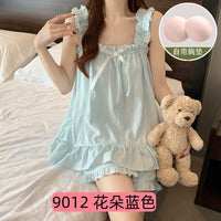 Women's Summer Cartoon Cloud Cotton Pajama Set with Chest Pads, Princess Style Student Homewear