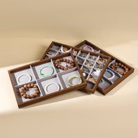 Walnut Wood Jewelry Display Tray with Gray Velvet Inserts for Earrings, Rings, and Necklaces