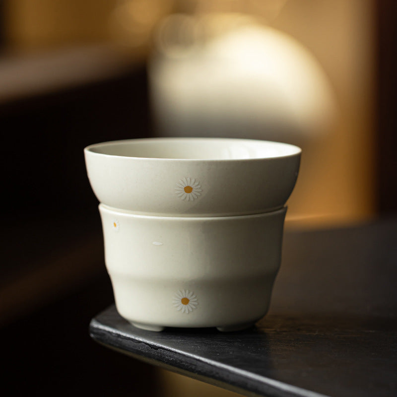 Ash Glaze Ceramic Tea Strainer Set with Daisy Pattern - Traditional Chinese Kung Fu Tea Accessory