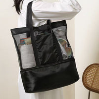 Portable Double-Layer Insulated Beach Tote Bag with Mesh for Picnic & Camping