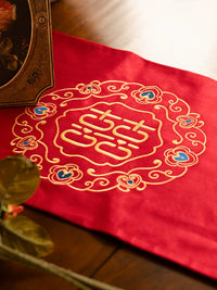 Red Wedding Table Runner with Double Happiness Character for Engagement and Celebration Decor