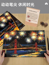 A4 Scratch Art Paper Set with Colorful Night View Designs for DIY Art and Stress Relief