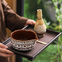 Japanese Ceramic Matcha Bowl Set with Whisk Stand - 4-Piece Kiln Glazed Tea Ceremony Kit