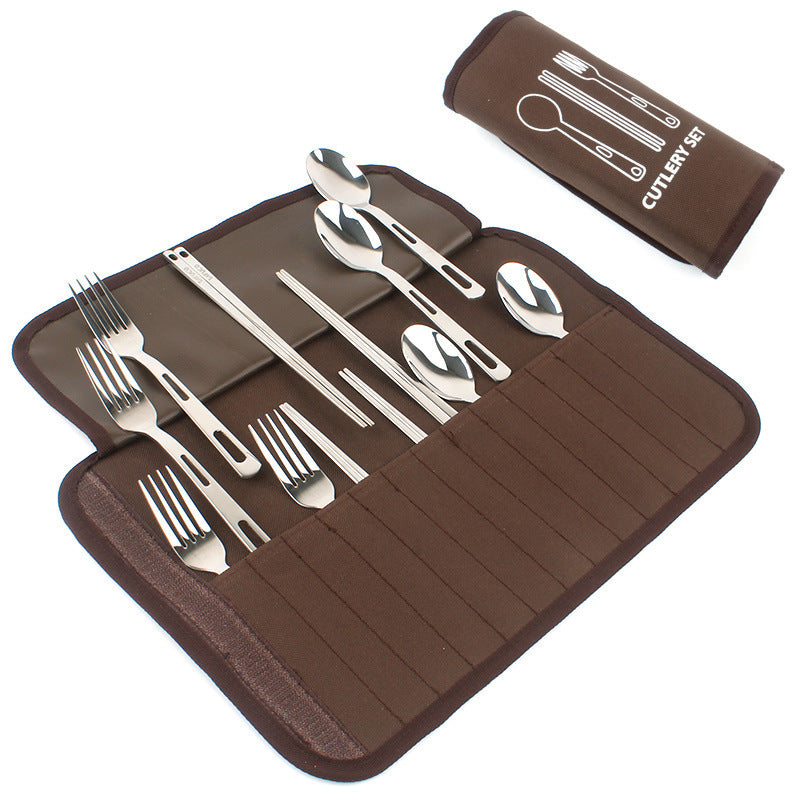 Outdoor Camping BBQ Cutlery Set for 4 People, Portable Stainless Steel Spoon, Chopsticks, Fork, Travel Picnic Bag