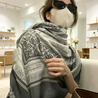 Oversized Vintage Style Sun Protection Shawl Scarf for Women, Gray Geometric Pattern Long Silk Scarf