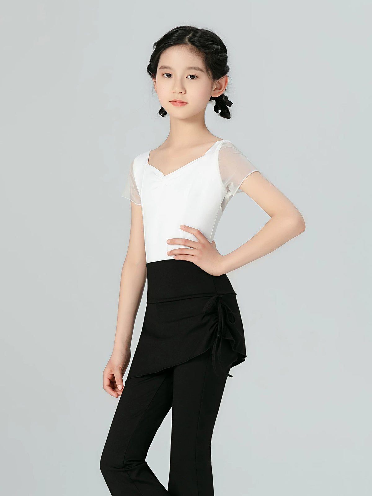 Girls' V-Neck Short Sleeve Ballet Leotard with Skirt for Dance Practice