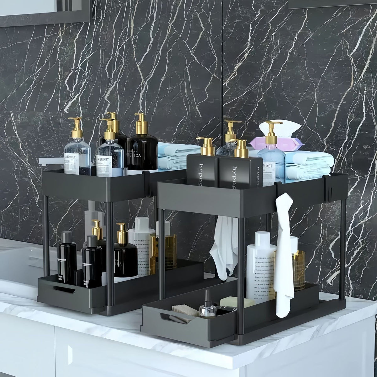 Under-Sink Pull-Out Storage Organizer with Hooks and Chopstick Holders, Double-Layer Plastic Drawer Shelf for Kitchen and Bathroom
