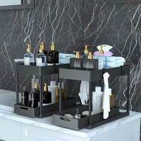 Under-Sink Pull-Out Storage Organizer with Hooks and Chopstick Holders, Double-Layer Plastic Drawer Shelf for Kitchen and Bathroom