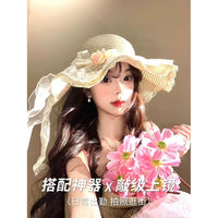Women's Lace Flower Bowknot Straw Hat Summer Large Brim Sun Protection Beach Hat