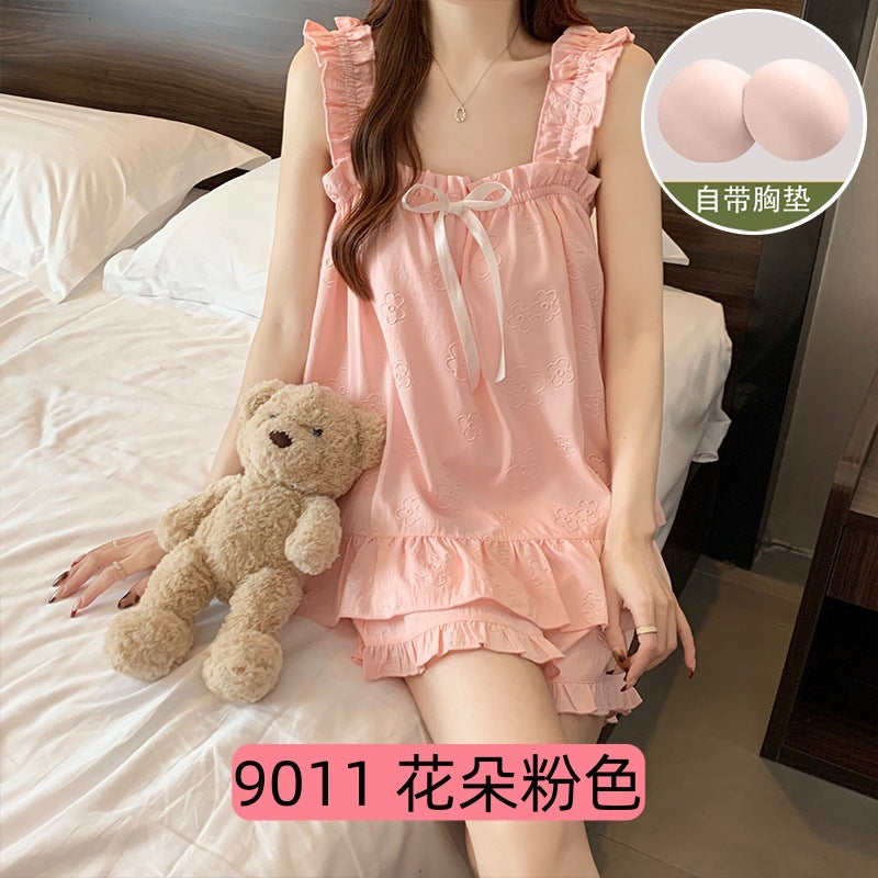 Women's Summer Cartoon Cloud Cotton Pajama Set with Chest Pads, Princess Style Student Homewear