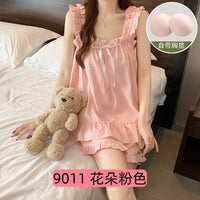 Women's Summer Cartoon Cloud Cotton Pajama Set with Chest Pads, Princess Style Student Homewear