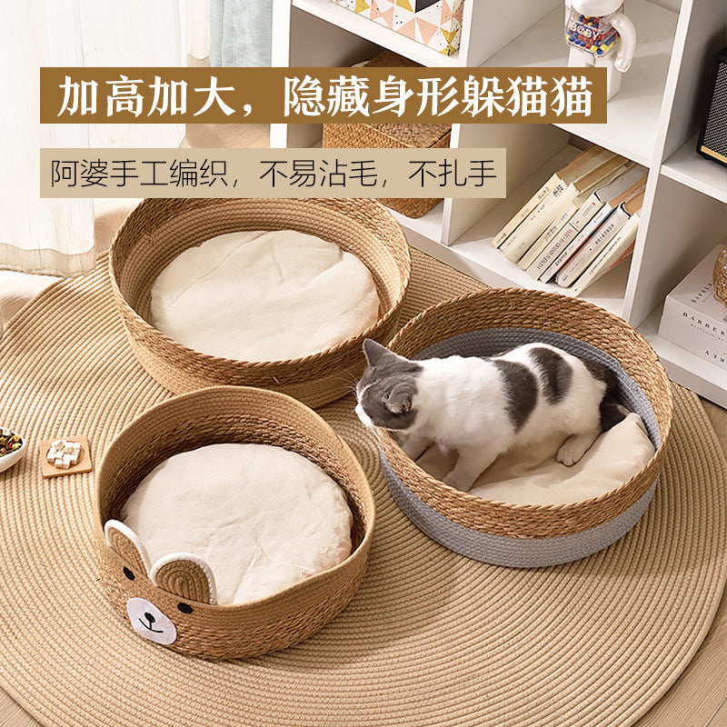 Handwoven Wicker Cat Bed House with Scratching Post and Storage Basket, All Seasons Pet Nest