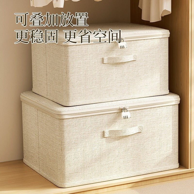 Foldable Cotton Linen Storage Box with Lid and Optional Combination Lock, Large Capacity Home Organizer Bin