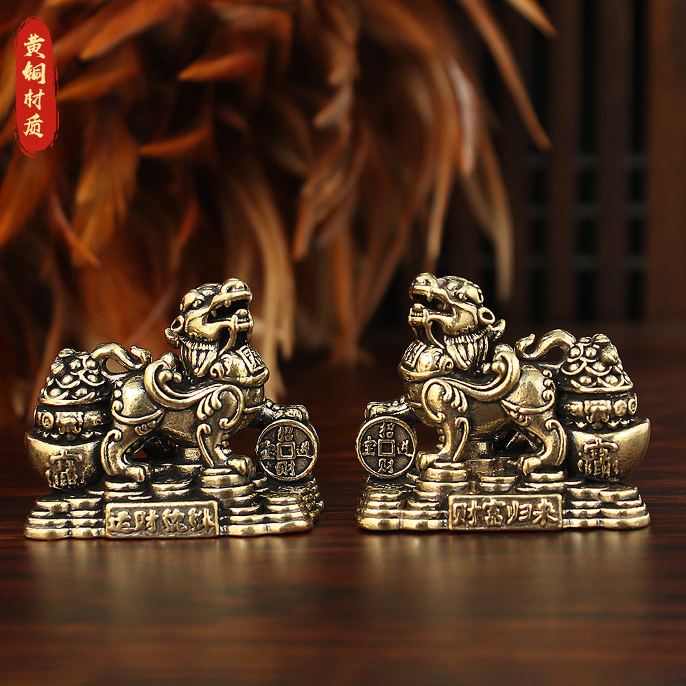 Brass Pixiu Wealth Figurine Pair for Tea Table Decor