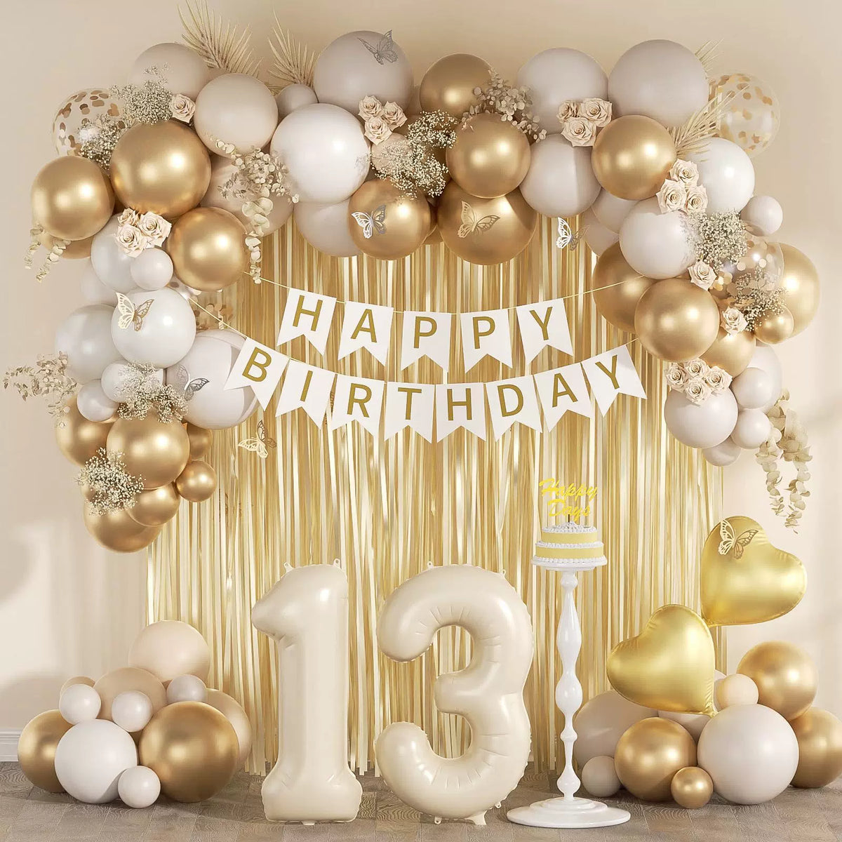 Gold Tinsel Fringe Curtain & Sequin Number Balloon Arch Kit for Birthday Party Photo Backdrop