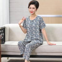 Women's Viscose Pajama Set Short Sleeve Top Long Pants Floral Print Button-Down Loungewear for Middle-Aged Mothers